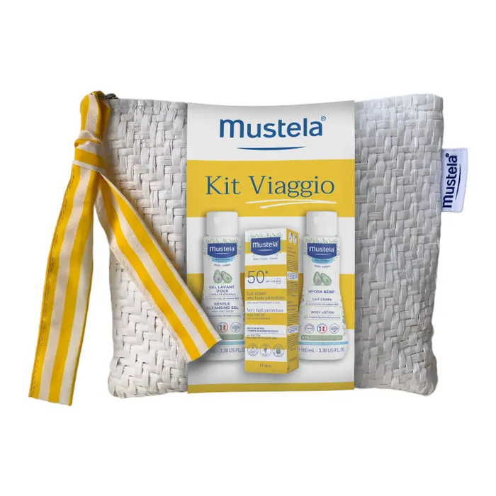 Mustela Kit Viaggio Latte Solare 40 Ml + Hydra Bebè Corpo 100 Ml +  Detergente Delicato 100 Ml